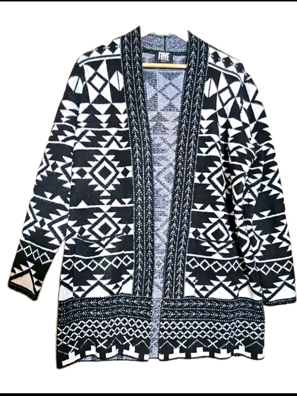FRYE Black & White Geometric Open-Front Cardigan